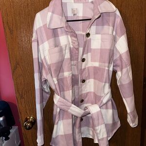 Cozy Plaid Button-Up Shirt Jacket - Lilac/White